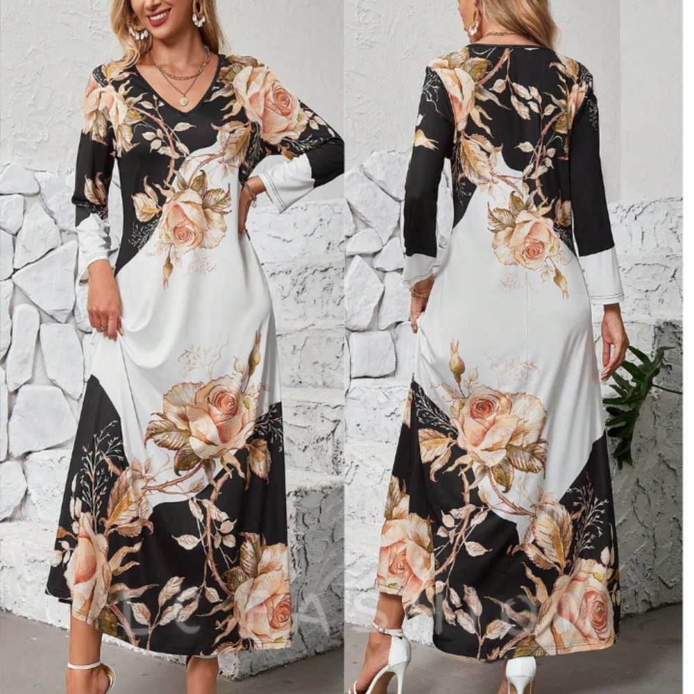 Boho Dress, Floral Print V Neck Dress, Summer Dress